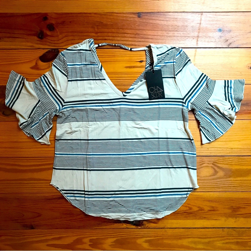 Chaser Women's Striped Bell Sleeve Top - Black and White, NWT, M